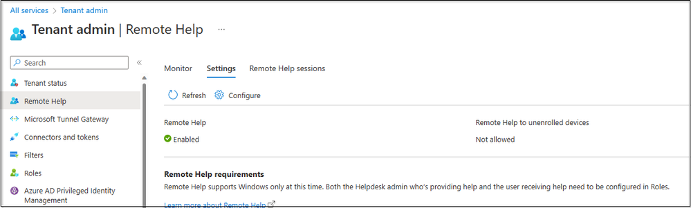 Snippet from Tenant Administration - Remote Help View
