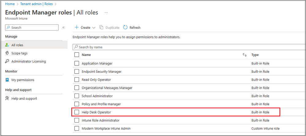 Snippet from Built-In Roles in Intune Tenant Adminisration