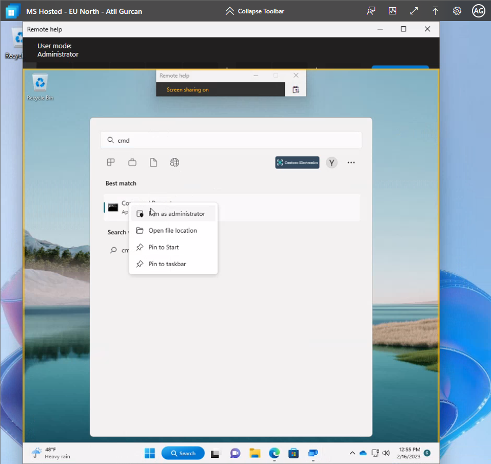 Screenshot from Remote Help Application, Elevation of a Shortcut
