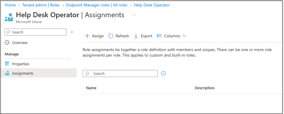 Snippet from Role Assignment Page for Help Desk Operator Role,