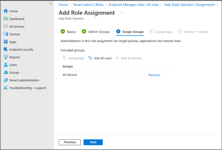 Snippet from Add Role Assignment Wizard for Help Desk Operator Role, Scope Definition