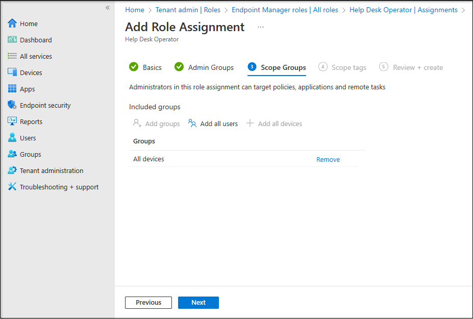 Snippet from Add Role Assignment Wizard for Help Desk Operator Role, Scope Definition
