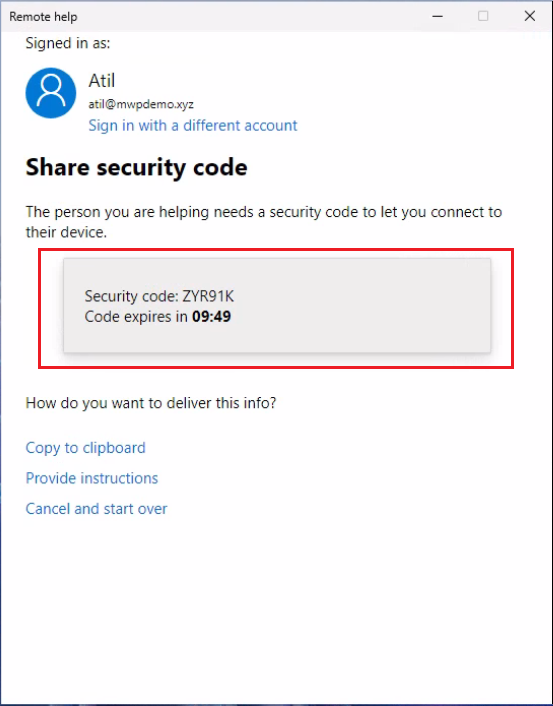 Snippet from Remote Help Application, Share Security Code