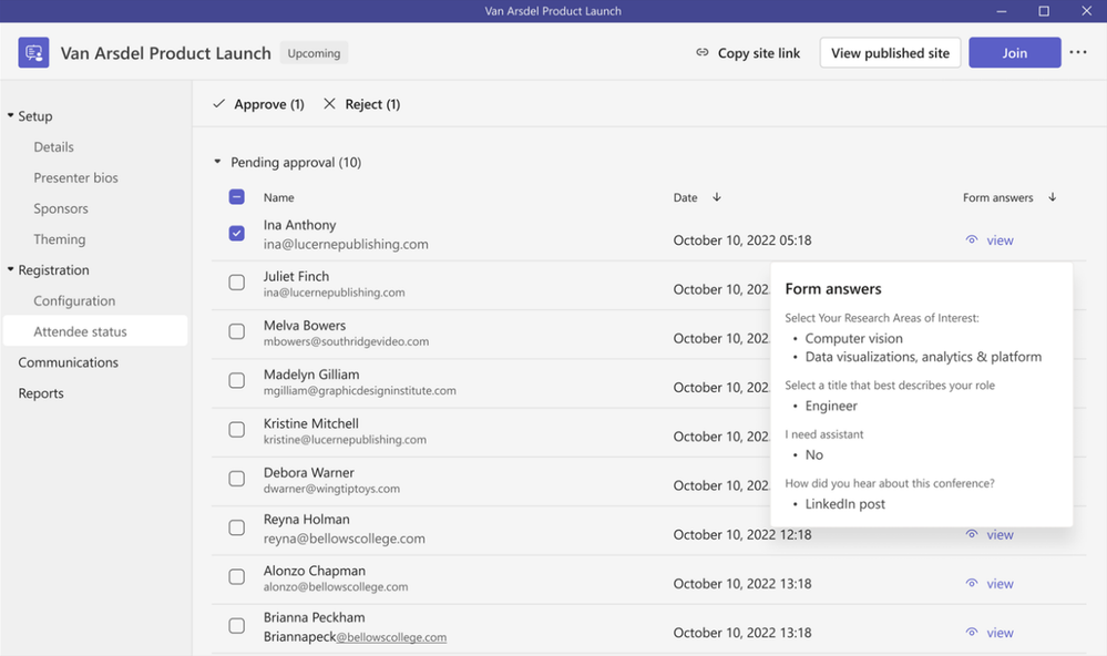 Manage registration by enabling the waitlist to manage event capacity and manual approval to view registrant information.