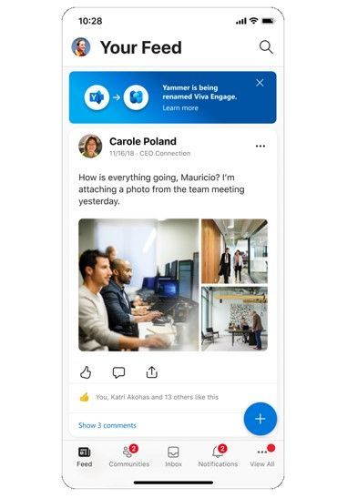 Yammer is evolving into Microsoft Viva Engage - as shown here in the mobile app.