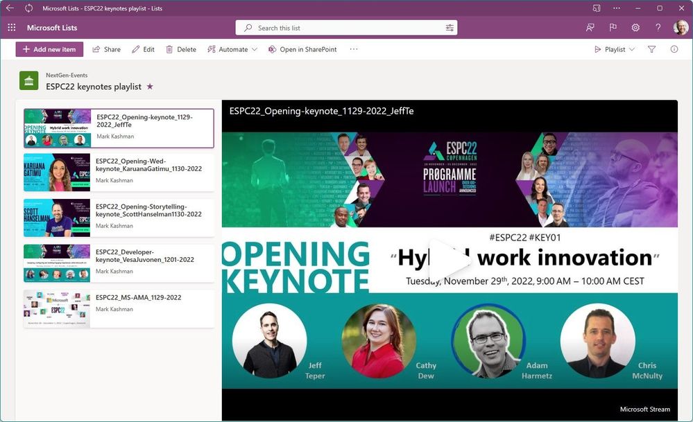 A published Playlist makes it easy to view and share a collection of audio and video files. The example above 'packages up' all the keynote session recordings from the European SharePoint Conference 2022 (ESPC22).