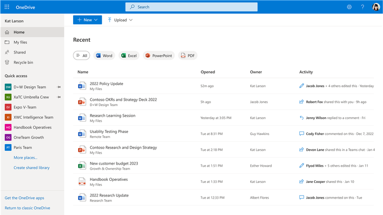 OneDrive home page showing Recent files, filters, activities per file, and more.