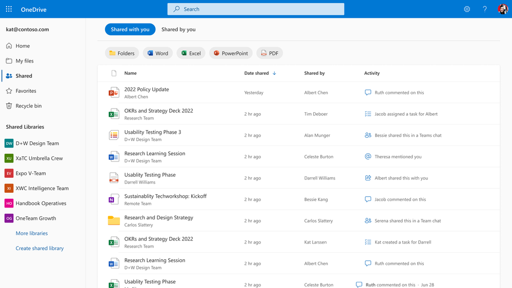 The Shared view shows the files others have shared with you and the files you've shared with others.