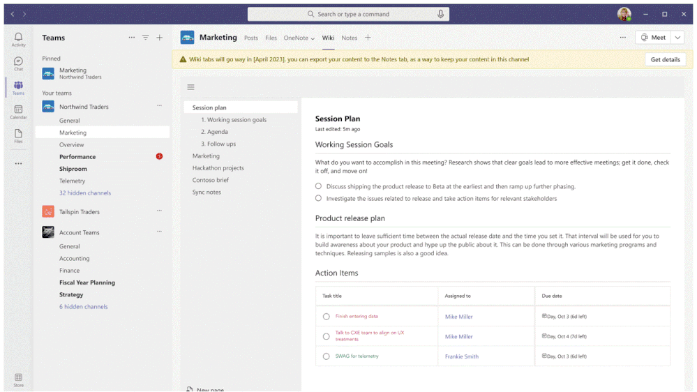 Animated sequence showing Wiki being replaced by OneNote in Microsoft Teams.