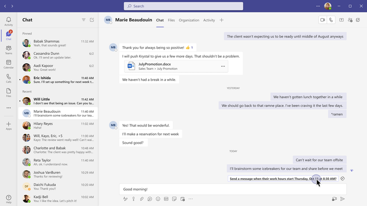 If you are about to send a chat/reply to a recipient outside of their noted working hours, you will be an actionable prompt to schedule send based on their next preferred online availability.