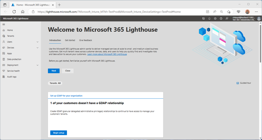 Microsoft 365 Lighthouse homepage including a recommendation to begin the GDAP setup.