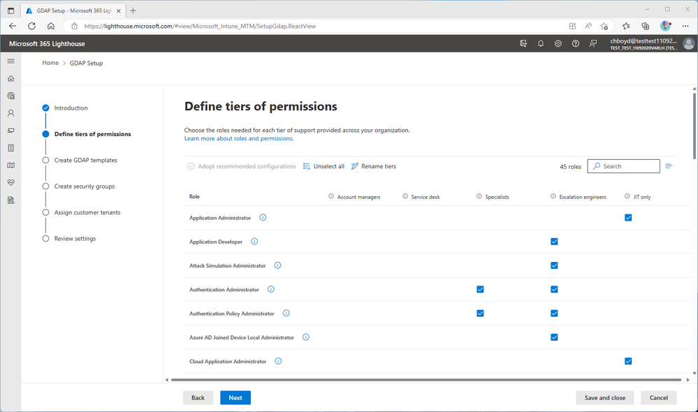 An image of the GDAP setup wizard showing the tiers of permissions within Microsoft 365 Lighthouse.