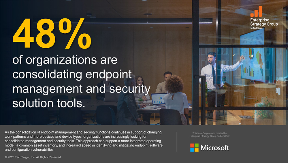 Infographic from a TechTarget study stating that 48% of organizations are consolidating endpoint management and security solution tools