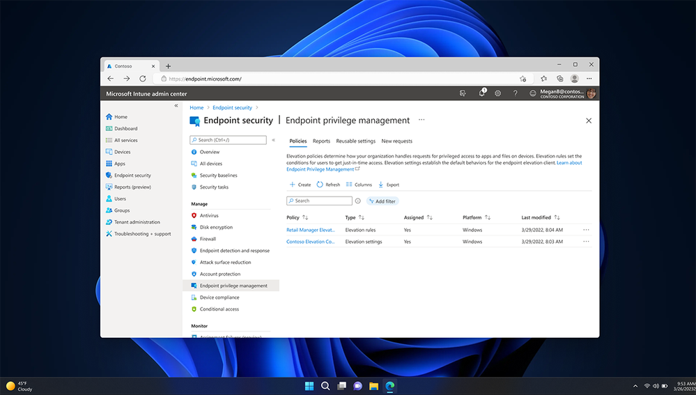 Screenshot of creating a new Endpoint Privilege Management policy through Microsoft Endpoint Manager admin center