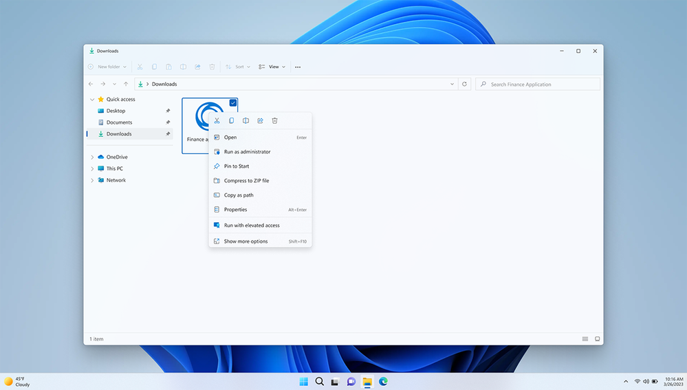 Screenshot of selecting Run as administrator on the Finance app installer file