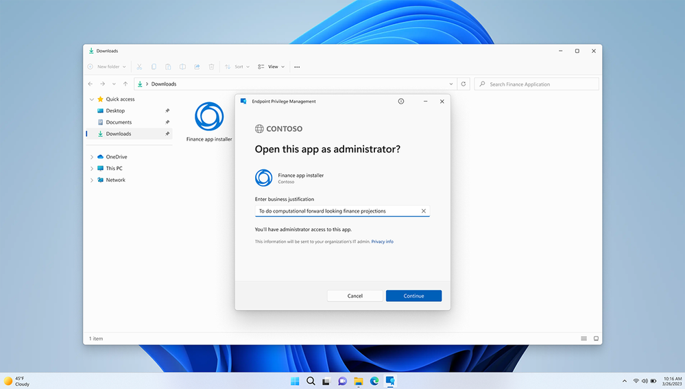 Screenshot of Endpoint Privilege Management pop up asking to open this app as administrator
