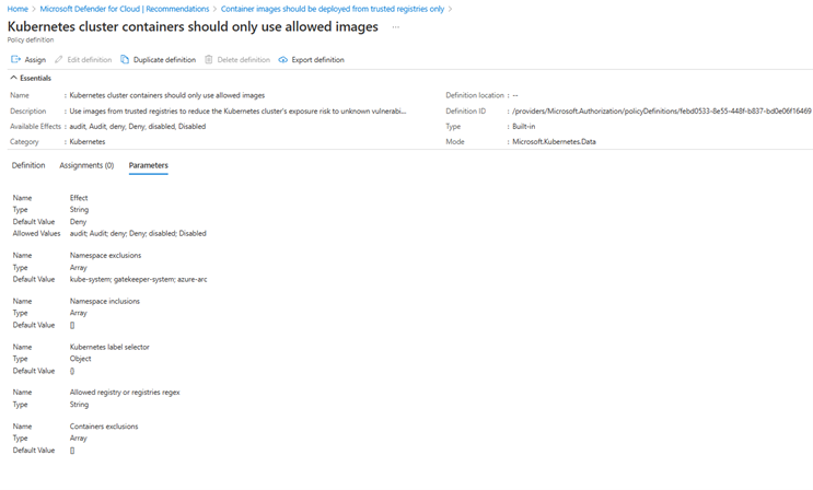 Figure 2. Sample Recommendation "Kubernetes cluster containers should only use allowed images"