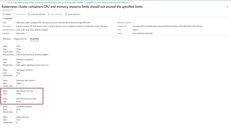 Figure 3. Policy for "Container CPU and memory limits should be enforced" recommendation