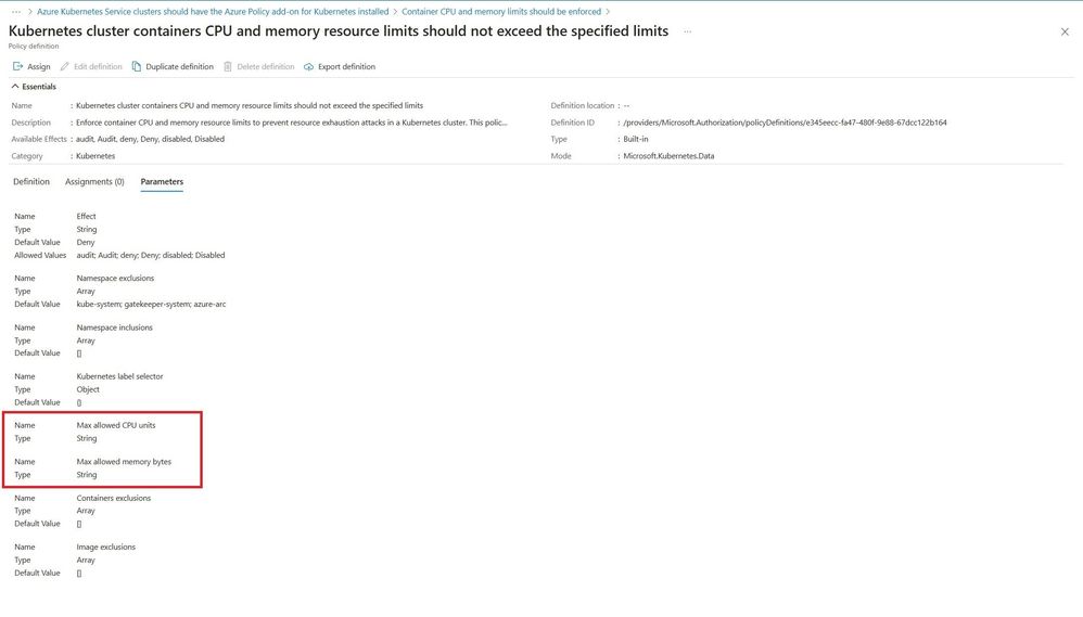 Figure 3. Policy for "Container CPU and memory limits should be enforced" recommendation