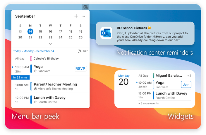 An image demonstrating previews of the Menu Bar (left), a Notification Center reminder (top right), and a Widget (bottom right) in Outlook for Mac.