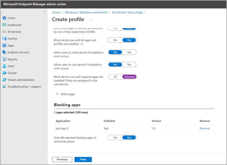 An example of the Windows enrollment, Enrollment Status Page feature in the Microsoft Endpoint Manager admin center.