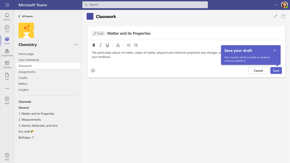 Create modules and add descriptions to organize your class