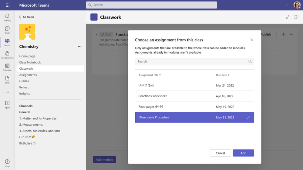 Selecting an assignment to add to Classwork