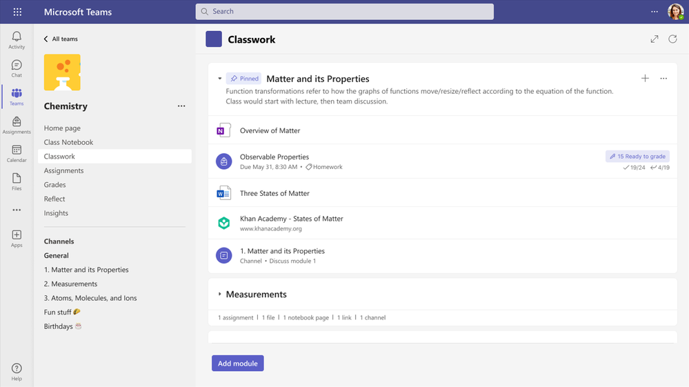 Educator view of the Classwork app with a pinned module
