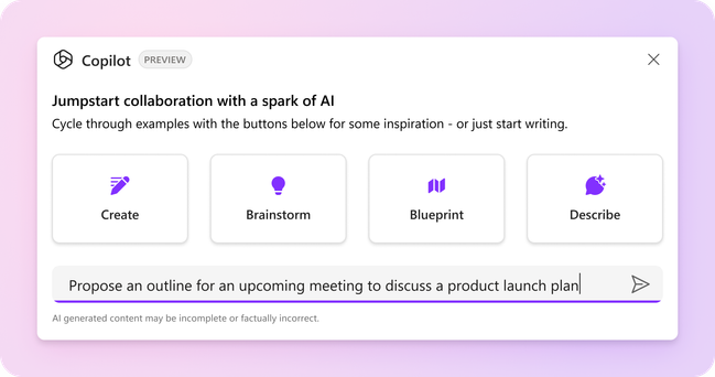An image demonstrating a preview of Copilot with a user request stating: “Propose an outline for an upcoming meeting to discuss a product launch plan.”