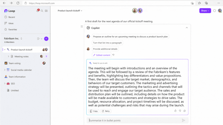 An animated image demonstrating Copilot in action: Turning an outline into a paragraph, providing additional details, then turning it into an agenda.