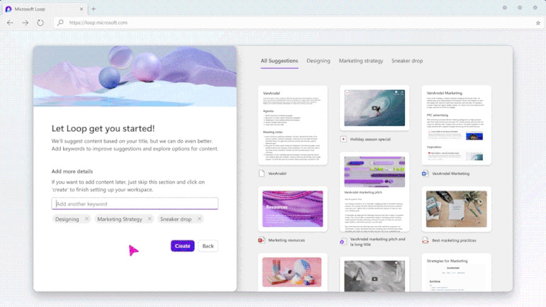 An animated image demonstrating Jumpstart in action by adding Microsoft Word and Loop files to their workspace.