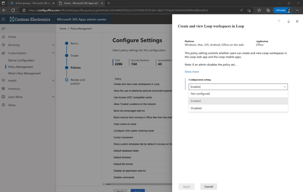 An image demonstrating drop-down menu options available for Configuration settings for the Loop files policy in the Microsoft 365 Apps admin center.