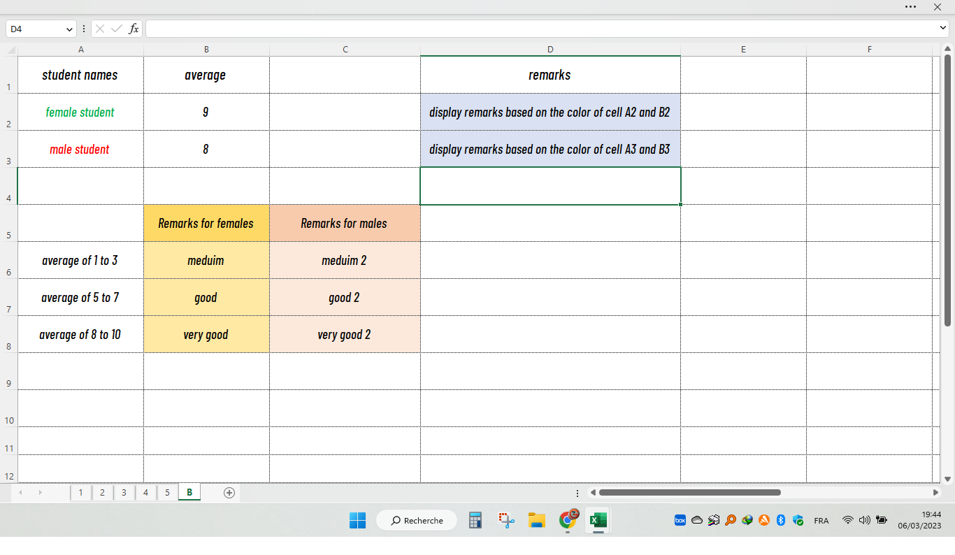 Remarks cell based on the color of the names and the averages | Help ...
