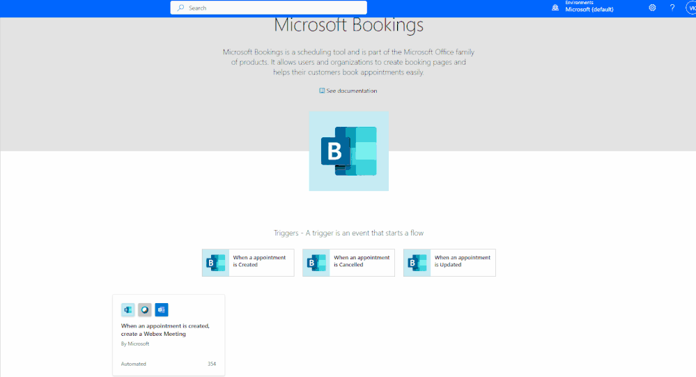 An animated image demonstrating how to create a Webex meeting when a Microsoft Bookings appointment is created via a Power Automate template.