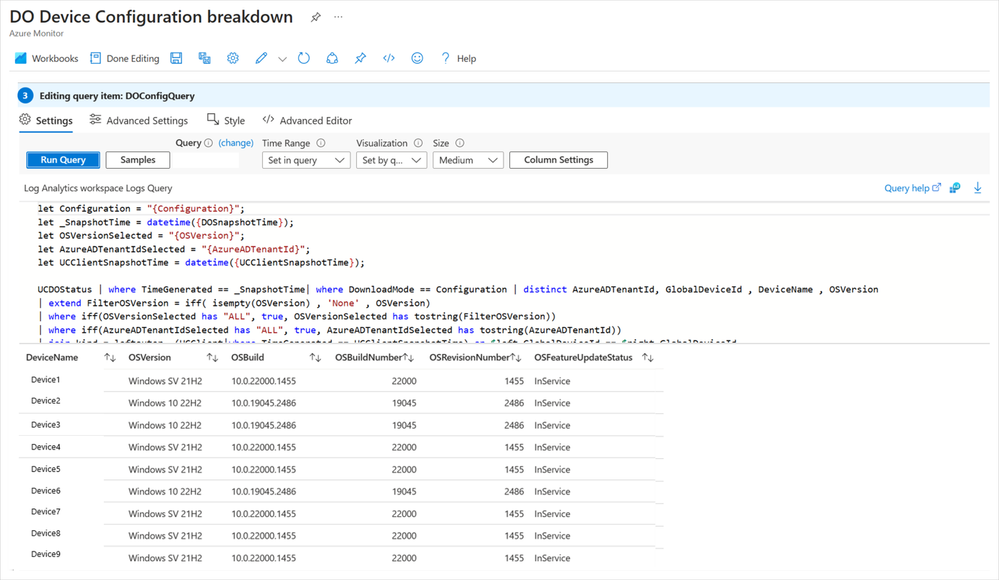 The Azure Workbooks interface showing the DO Device Configuration breakdown in Edit mode