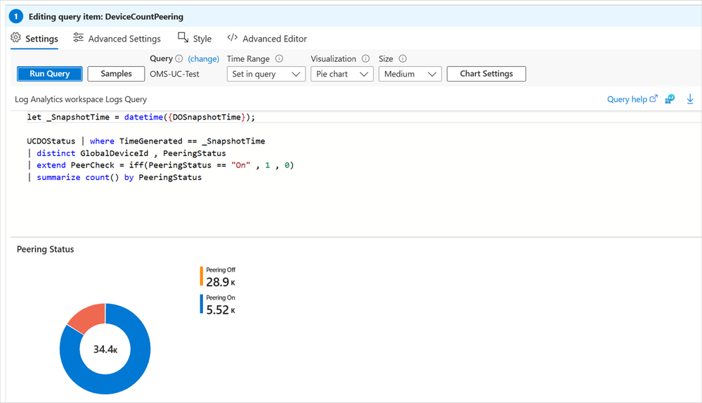 The Peering Status pie chart, powered by the UCDOStatus table, is shown when editing the query item for DeviceCountPeering
