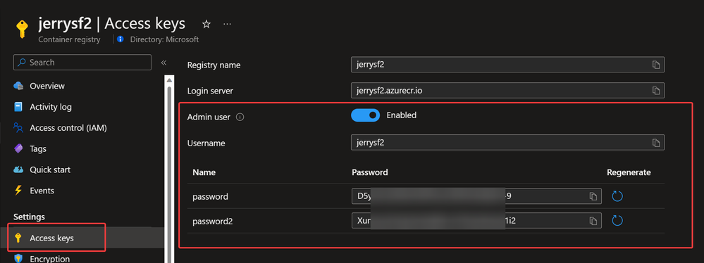 Container Registry Access Key page
