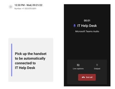 Pick up the Teams Phone device handset to auto dial the pre-configured phone number or contact