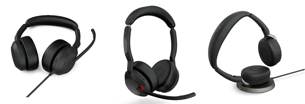 Jabra Evolve2 50(left), 55(middle), and 65 Flex(right)