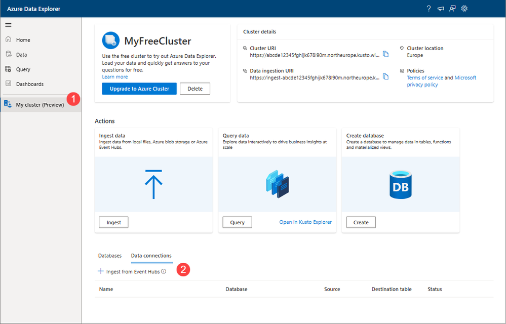 Create a new Event Hubs data connection with your free ADX cluster