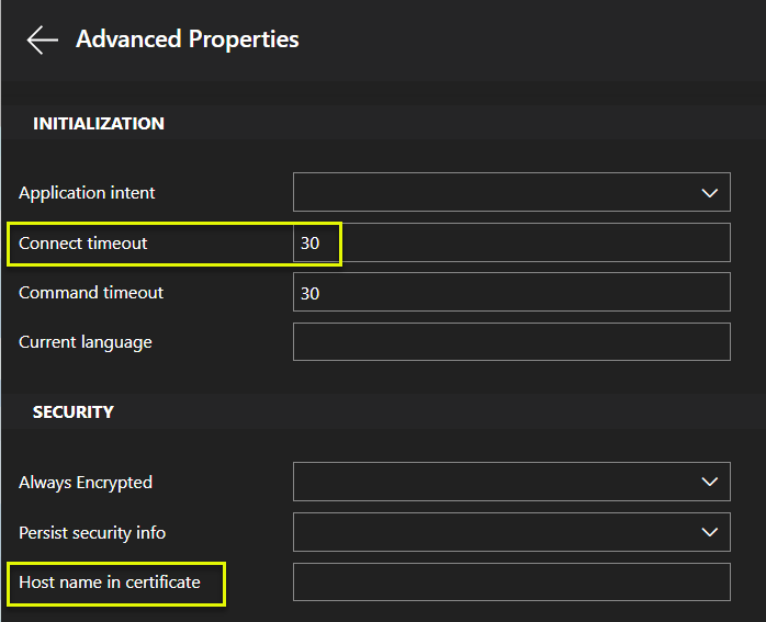 Screenshot of options in Advanced Properties for connections