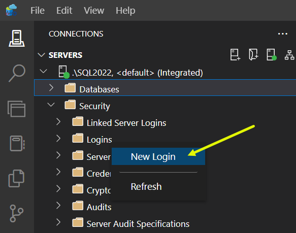 Screenshot of New Login menu option