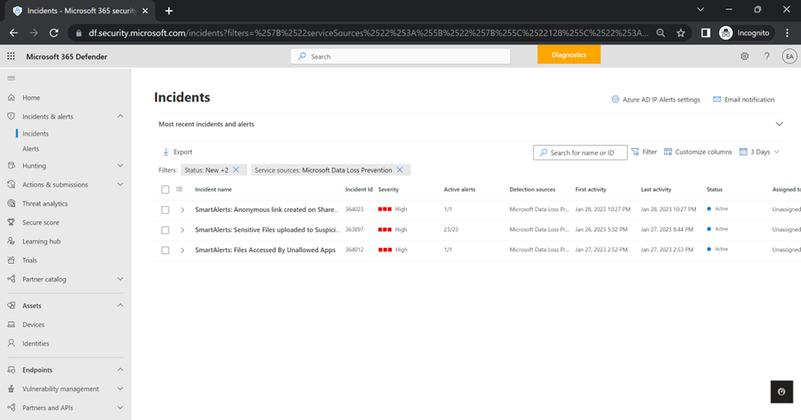Figure 4. View Smart Alerts incidents in the M365 Defender portal, part of the incident management queue for DLP.