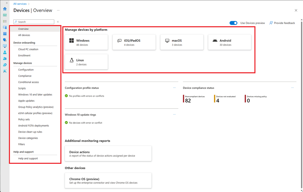 A screenshot of the new Devices overview page in the preview highlighting the platform pivot cards and the left navigation menu.