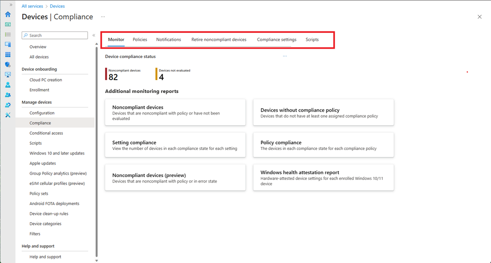 A screenshot of the Devices Compliance pane, highlighting the tabbed layout with Monitor as the default tab.