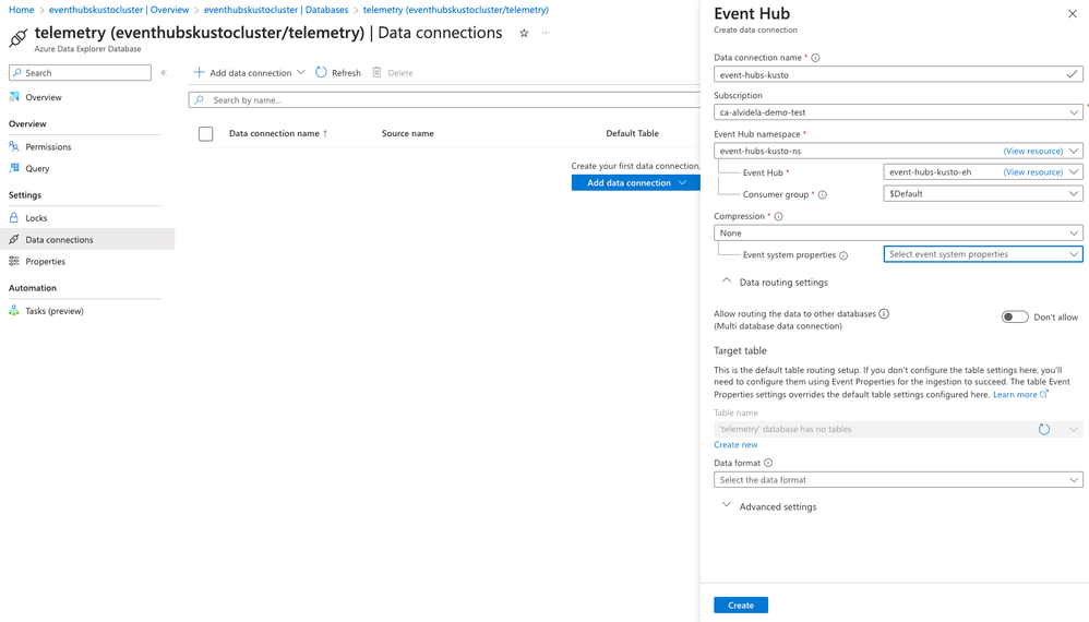 Azure Data Explorer create data connection