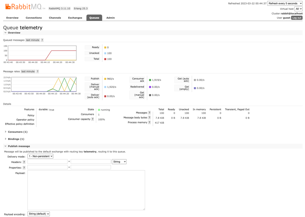 RabbitMQ telemetry queue with messages