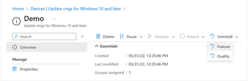 Screenshot of the Overview page in the Intune admin center, showing the Uninstall options for update rings for Windows 10 and later