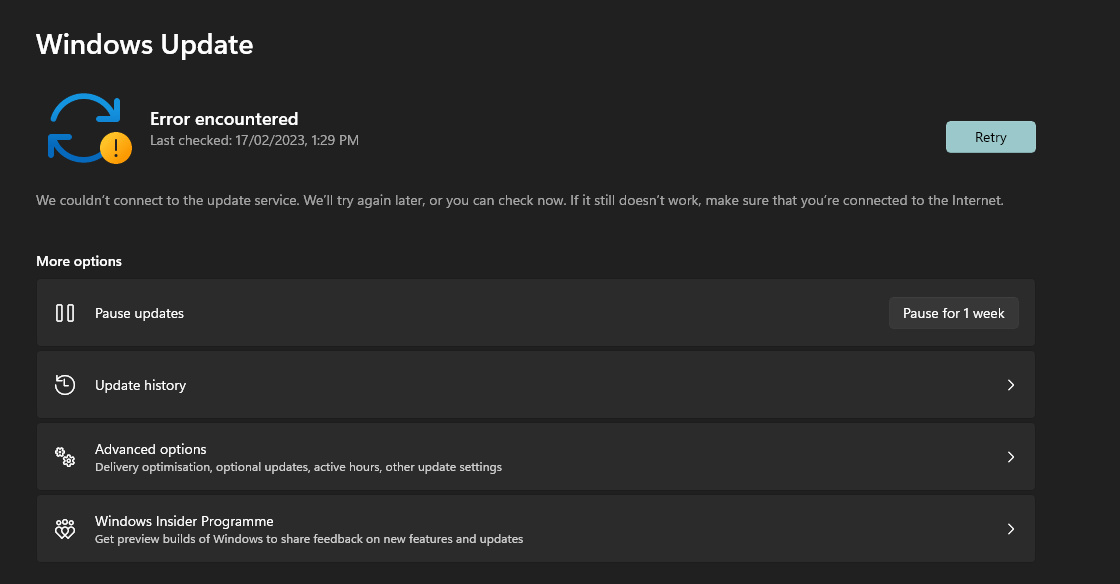 Windows 11 Dev Build: Couldn't connect to the update service ...