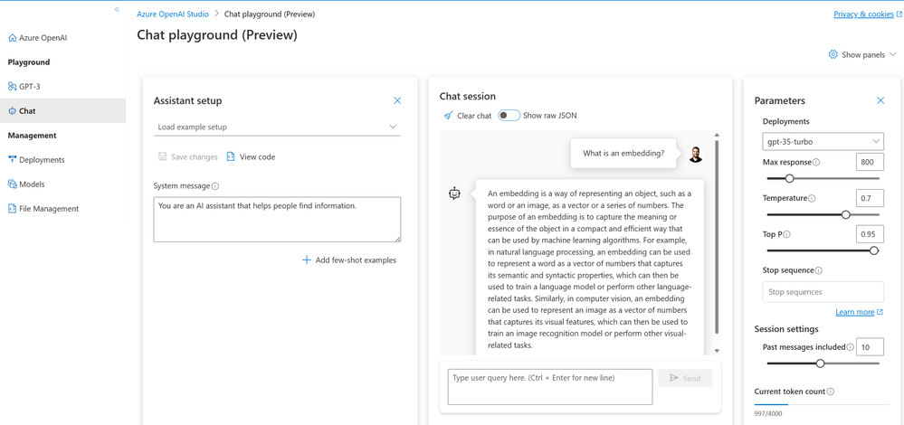 A screenshot of the Chat Playground in the Azure OpenAI Studio.